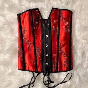 Vintage Red Floral Satin Corset Top - Women's Bustier
